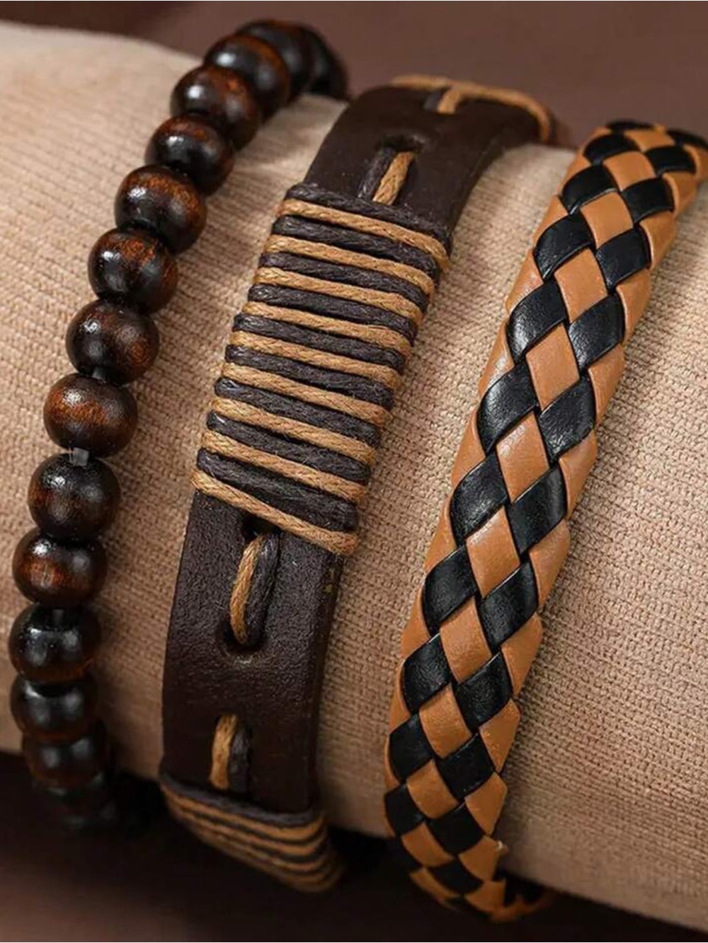 3pc set Fashion Jewelry Brown & Black Leather & Beaded Bracelet Jewelry NWT